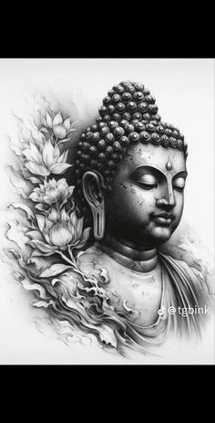 a black and white drawing of a buddha statue with flowers on it's head