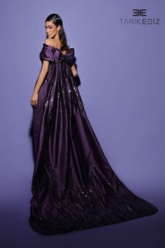 Tarik Ediz 98553 Embroidery Spring 2024 collection dress. Purple Gown Aesthetic, Purple Clothes, Embroidery Spring, Long Fitted Dresses, Purple Gowns, Tarik Ediz, Best Prom Dresses, Purple Dresses, Sequin Bow