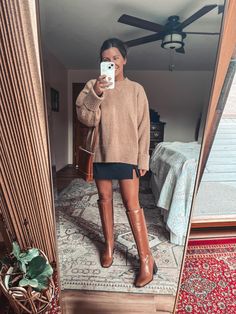 Thanksgiving Outfit With Black Boots, Brown Midi Dress Outfit Winter, Turtle Neck Sweater And Skirt Outfit, Black Skirt Tan Boots Outfit, Fall Boots With Dress, Fall Knee High Boots Outfits 2024, Cute Fall Dinner Date Outfits, Skirt And Brown Boots Outfit, Dresses And Boots For Fall