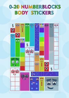 a poster with numbers and faces for the number blocks body stickers game on it