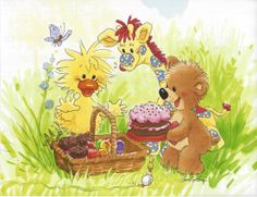 two teddy bears are sitting in the grass and one is holding a basket with food