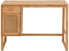 a wooden desk with two drawers on one side and an open drawer on the other