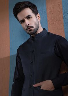 2 Piece - Kameez Shalwar : Skillfully crafted from premium cotton, this classic black kurta shalwar for men is a wardrobe staple this season! Details : Plain Front, Plain Back, Full Sleeves With Cuff, Collared Neck Color: Black Fabric : Basic Cotton Country of Origin : Pakistan Care Instruction : Should be washed in gentle cycle and hung to dry. Color may bleed so please be mindful of other items with it. Disclaimer : Actual sizes might be slightly different from the size chart. Kurta Shalwar For Men, Black Kurta, Mens Waistcoat, Men's Waistcoat, Waist Coat, Full Sleeves, Grey Fabric, Full Sleeve, Black Fabric