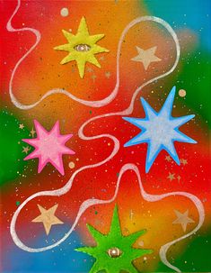 an abstract painting with stars and swirls on it