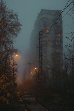 a foggy city street with lots of power lines and buildings in the back ground