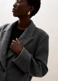 Grey oversized blazer jacket A cropped take on classic pea coats, the Mai jacket is made from wool-felt in an oversized shape. It comes with notched lapels and classic welt pockets, along with more subtle details such as turned-up sleeves with pointed cuffs. Oversized Gray Outerwear With Lapel Collar, Classic Oversized Single-breasted Utility Jacket, Oversized Double-breasted Outerwear With Lapel Collar, Gray Double-breasted Wool Pea Coat, Gray Single-breasted Wool Coat With Lapel Collar, Finnish Fashion, Cotton Carpet, Hand Towels Kitchen, Hand Towels Bathroom