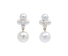 Exuding an understated elegance, these Sophie Bille Brahe earrings are a sweet take on the traditional pearl studs. Various sized white freshwater pearls are clustered together, creating a three dimensional composition. One larger freshwater pearl dangles below, adding a touch of movement. They attach to 14K yellow gold post backs to create an eye-catching earring you can dress up or wear casually. total length : just over 3/4"width : 5/16"freshwater pearls : vary : 2.5mm diameter to 8mm diamete Alice Cicolini, Digby And Iona, Daniela Villegas, Rebecca Overmann, Sophie Bille Brahe, Single Stone, White Freshwater Pearl, Precious Gems, Pearl Studs