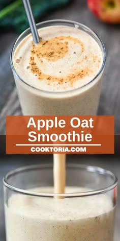 an apple oat smoothie in a glass with a straw sticking out of it