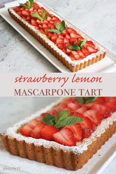 strawberry lemon mascarpone tart with powdered sugar and mint leaves on top