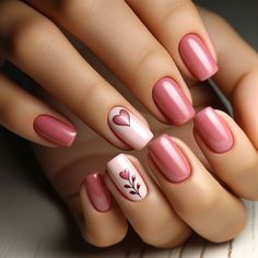 Nails Design With Hearts, Pretty Gel Nail Ideas, Pink Nails Ideas 2024, Pink Nail With Heart, Subtle Pink Nails, Dusty Pink Nails Design, Cute Valentines Nail Ideas, February Gel Nails Ideas, Nail Ideas 2025