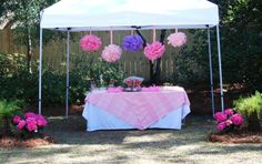 a white tent with pink and purple tissue pom poms hanging from it's sides