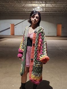 Tropical colored cardigan. Acrylic yarn.  Made in an environment with cats and dogs. Model is @d.cid02 on Instagram! Handmade Long Cardigan For Fall, Cat Cardigan, Crochet Coats, Crochet Queen, Yarn Creations, Chunky Sweaters, Crocheting Projects, Fur Cardigan, Cardigan Outfit