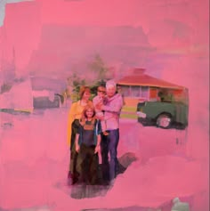 an oil painting of three people standing in front of a pink wall with a school bus