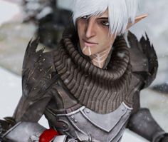 an animated character with white hair and grey skin holding a red object in his hand