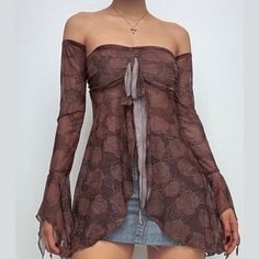 Please refer to our sizing chart for a guideline when choosing a size. 5 business days order processing time. 90% polyester 10% spandex Brown Coachella Outfit, Diy Bell Sleeves, Y2k Bell Sleeve Top, Flared Long Sleeve Top, Spring Sheer Off-shoulder Mesh Top, Trendy Fitted Off-shoulder Mesh Top, Trendy Off-shoulder Mesh Top, Shirts For Big Busted Women, Top Ideas For Women