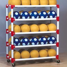 three tiered rack with yellow and blue balls