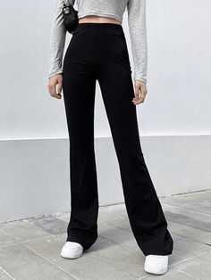 2022 High Waist Solid Flare Leg Pants Black S in Pants Online Store | AnotherChill.com Black Straight Pants Women, Flare Pants Black Outfit, Black Flare Outfit Pants, Flared Black Pants Outfit, Black Flair Pants Outfit, Flair Pants Outfit, Vintage Jeans Style, High Waist Wide Leg Trousers, Flair Pants