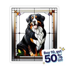 a stained glass window with a dog sitting on it's side and the words buy 10