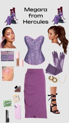 a woman's purple outfit with accessories and makeup