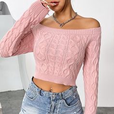 F00239166-105 Long Sleeve Knit Top, Cropped Pullover, Cardigan Sweater Dress, Crop Sweater, Long Sleeve Knit Tops, Special Design, Pink Sweater, Long Sleeve Knit, Cropped Sweater