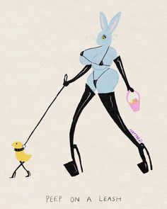 a drawing of a woman walking with a baby duck on a leash and holding an umbrella