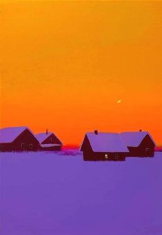 a painting of snow covered farm buildings at sunset with the moon in the sky above