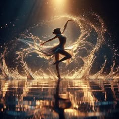 a woman is dancing in the water with her arms spread out and lights behind her