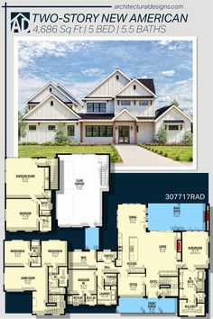 two story new american house plan with 3 beds and baths in the front, an open floor