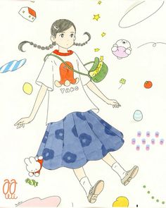 a drawing of a girl in a skirt and t - shirt flying through the air