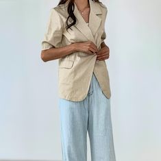 Eloquii Tailored Fit Fully Lined 100% Cotton Notch Lapel Double Breasted Snap Closure Shoulder Pad Hits Below The Hip 32" Body Length On Size 20 Functional Welt Pockets With Flaps Waist Open No Snap Or Button Detail Vertical Front Darts Princess Seams Lining + Shell: Non-Stretch Woven Fabric Linen Blend Spring Office Wear Outerwear With 3/4 Sleeves, Spring 3/4 Sleeve Business Casual Blazer, Spring Office Blazer With Collar, 3/4 Sleeve Blazer For Office In Spring, Short Sleeve Blazer For Spring Office Wear, Short Sleeve Spring Office Blazer, Single-breasted Summer Outerwear For Office, Short Sleeve Blazer For Spring Workwear, Casual Short Sleeve Blazer For Work