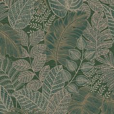 a green and gold wallpaper with leaves