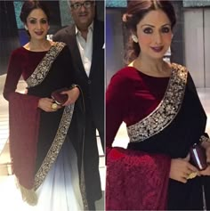 Perfect Winter Wedding look to take inspiration from! Beautiful Sri Devi <3 Velvet Blouse Design, Manish Malhotra Saree, Sridevi Kapoor, Black Sari, Indian Saree Blouse, Salwar Kamiz