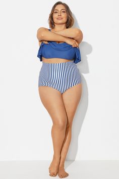 Navy＆White Vertical Stripe High Waisted Bkini Bottom Poolside Brief Tankini For Beach Season, Beach Season Poolside Brief Tankini, Poolside Beach Season Tankini, White High Waist Tankini For Sunbathing, White High Waisted Tankini For Beach, High Waist White Tankini For Beach, Beachwear Tankini For Beach Season, Summer Beach Tankini With Brief, Summer Beach Season Tankini With Brief Bottom