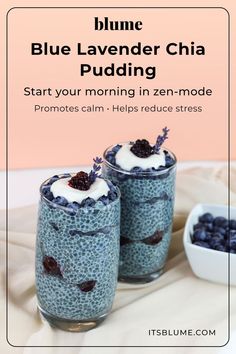 two blueberry chia puddings in small glasses with berries on top and the words,