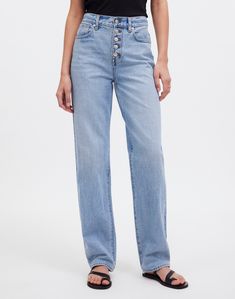 ' The fabric: old-school cotton denim with zero stretch. Light vintage wash with natural abrasion and distressing. 10 1/2' rise, 16' leg opening, 30' inseam. 100% cotton (60% of which is Regenagri certified cotton). Do Well: By buying cotton products from Madewell, you''re supporting our investment in Better Cotton''s mission to help cotton communities survive and thrive while protecting and restoring the environment. This product is sourced through a system of mass balance and therefore may not Shea Mcgee Style, Baggy Straight Jeans, Natural Ecosystem, Dad Jeans, Slim Straight Jeans, Washed Jeans, Supply Chain, Vintage Jeans, High Jeans