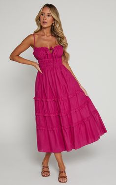 Schiffer Midi Dress - Strappy Ruched Tie Front Tiered Dress in Raspberry Pink Maxi Dress With Ruffled Straps For Vacation, Pink Midi Dress With Spaghetti Straps And Ruffle Hem, Casual Cotton Midi Dress With Ruffled Straps, Summer Party Cotton Sundress, Cotton Sundress For Summer Party, Beach Cotton Midi Dress With Ruffle Hem, Pink Tiered Ruffle Sleeveless Dress, Pink Tiered Sleeveless Dress With Ruffles, Pink Summer Maxi Dress With Ruffled Straps