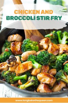 chicken and broccoli stir fry in a skillet with chopsticks on the side