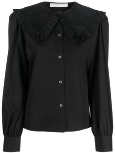 black cotton ruffle collar mother-of-pearl button fastening long sleeves straight hem Ruffle Collar Shirt, Rich Clothes, Fashion Journal, Academia Fashion, Alessandra Rich, Rich Women, Luxury Collection, Office Room, Ruffle Collar