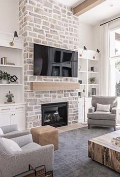 a living room filled with furniture and a flat screen tv mounted on the wall above a fireplace