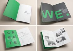 four different views of an open brochure with green and black lettering on it