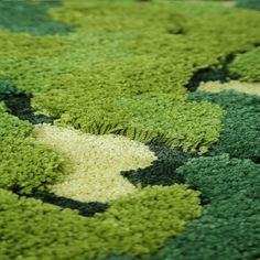 an area rug with green and yellow designs on the ground in front of a window