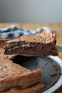 a piece of chocolate cake being lifted from a plate