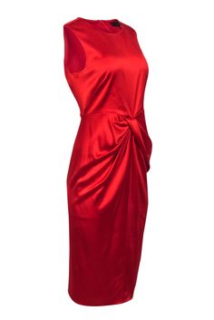 Get ready to unleash your inner seductress with the captivating Donna Karan red satin dress. With its middle ruching that accentuates your curves in all the right places, this dress is the perfect choice for a holiday glam party. Its luscious red hue is sure to ignite sparks and turn heads wherever you go. Pair this with dazzling chandelier earrings and a sparkling clutch, elevate your style and let your inner diva shine. Size 8 Shell 83% Triacetate, 17% Polyester Lining 100% Polyester Sleeveles Sleeveless Satin Dress With Ruched Bodice For Night Out, Sleeveless Satin Dress With Ruched Bodice For Date Night, Sleeveless Ruched Satin Dress For Cocktail, Formal Sleeveless Satin Dress With Ruched Bodice, Sleeveless Ruched Satin Dress With Fitted Bodice, Elegant Red Dress With Folds, Elegant Ruched Dress For Red Carpet, Elegant Ruched Red Carpet Dress, Sleeveless Satin Dress With Folds