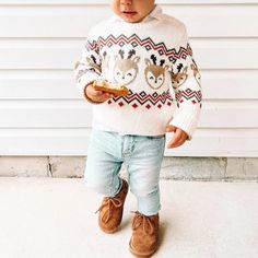 Cheerful holiday kids Reindeer sweater that's sure to be a wardrobe staple for the festive season. Made in lasting, hand-me-down quality. Soft combed cotton yarns Body is knit to shape Like new wash after wash OEKO-TEX® STANDARD 100 certified safe from hundreds of harsh chemicals Color: White Baby Christmas Sweater, Reindeer Sweater, Sweaters Winter, Holiday Kids, Deer Print, Sweater Cute, Baby Christmas, Accessories Jacket, Baby Sweaters