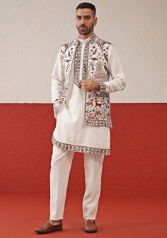 Off White Embroidered Kurta Set With Jacket Kalpraag - Fabilicious Fashion Outfit For Haldi Function For Men, Traditional Straight Kurta Set With Embroidered Cuffs, Traditional Set With Straight Kurta And Embroidered Cuffs, Traditional Set With Embroidered Cuffs And Straight Kurta, Festive Kurta With Embroidered Cuffs, Traditional Long Sleeve Kurta With Embroidered Cuffs, Festive Wedding Sets With Embroidered Cuffs, Elegant Kurta With Embroidered Cuffs For Eid, Wedding Sets With Embroidered Cuffs For Eid