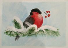 a painting of a bird on a branch with berries