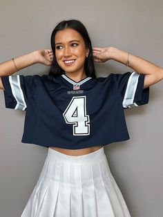 Custom Vintage Dak Prescott Cropped Rhinestone Sleeved Jersey Dallas Cowboys Jersey Outfit Woman, Cowboys Jersey Outfit Woman, Cropped Jersey Outfit, Dallas Cowboys Outfits Woman, Football Jersey Outfit Women, Tate Mcrae Outfit, Cropped Football Jersey, Outfit Edits, Tailgate Clothes