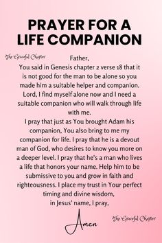 a pink background with the words prayer for a life companion