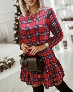 Lasaky - Plaid Print Long Sleeve Ruched Casual Dress Bodycon Dress Casual, Tight Mini Dress, Plaid Decor, Red S, Ruched Bodycon Dress, Plaid Fashion, Vestido Casual, Plaid Print, Dress With Bow