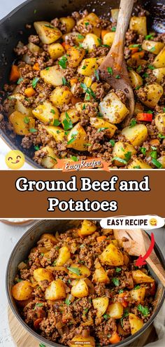 ground beef and potatoes in a skillet with text overlay that reads ground beef and potatoes easy recipe